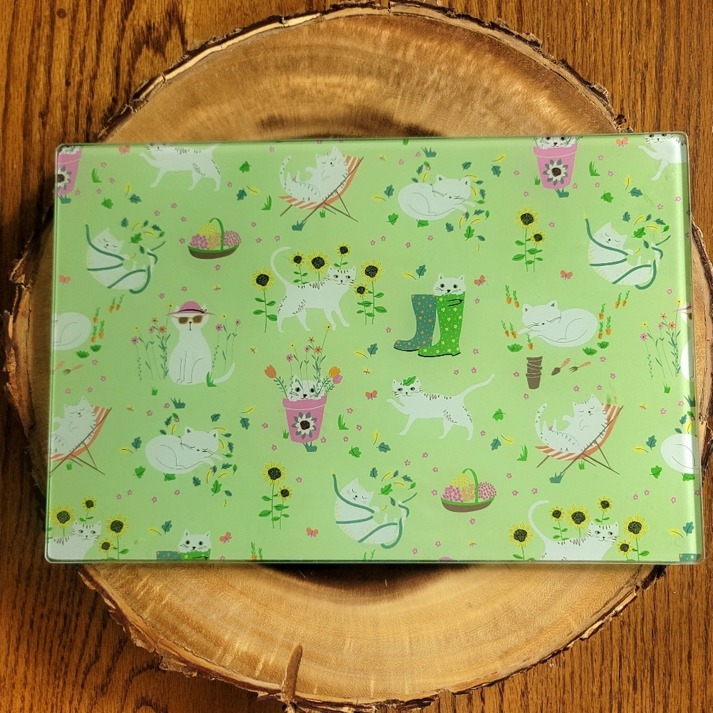 Garden Flowers Cats Glass Cutting Board